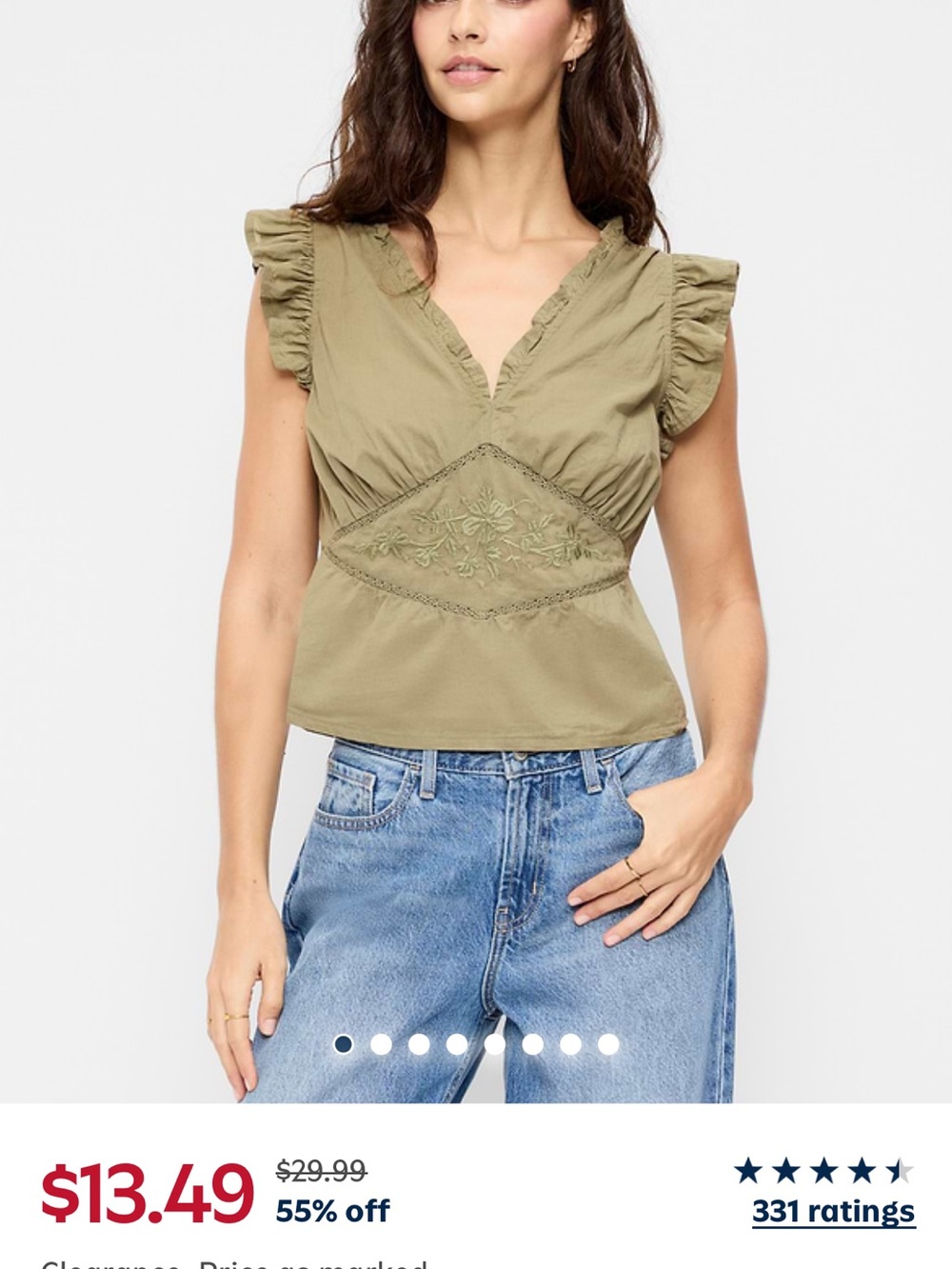 Old Navy Olive Green Embroidered V-Neck Ruffle Sleeve Top